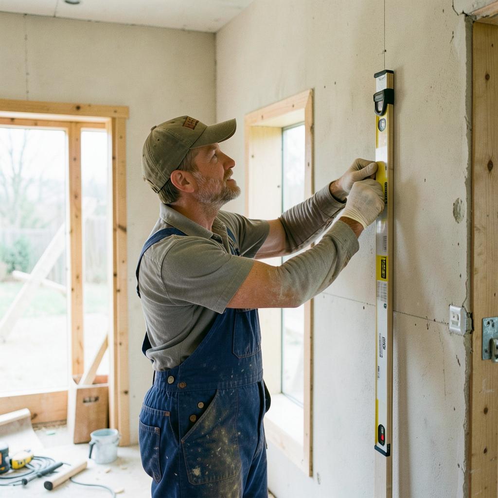 Builder levelling a wall during a home renovation